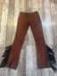Brown and Black Cross Stitched Fringe Leg Buckskin Pants (Size 4)